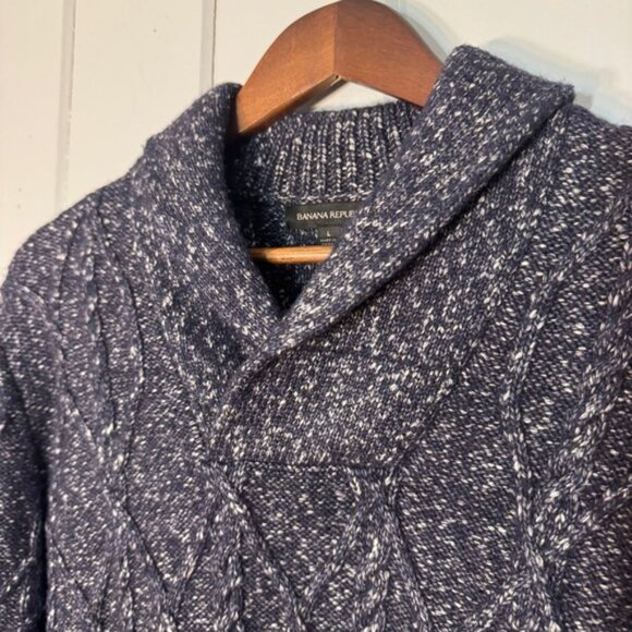 Banana Republic Sweater Mens Preppy Navy white Cable Knit Shawl Neck Yak Hair L - Picture 11 of 14